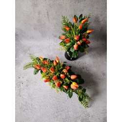 Pomarańczowy komplet nagrobny z tulipanów – kompozycja na płytę i bukiet