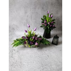 Kompozycja nagrobna tulipany | Koszyk łezka + bukiet do wazonu