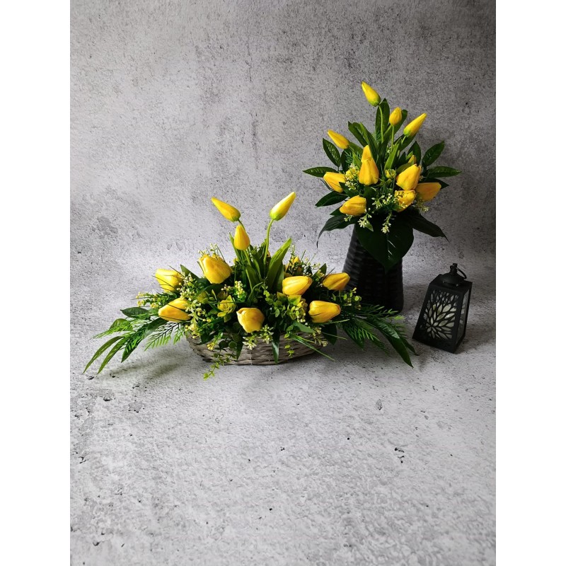 Kompozycja nagrobna żółte tulipany | Koszyk łezka + bukiet