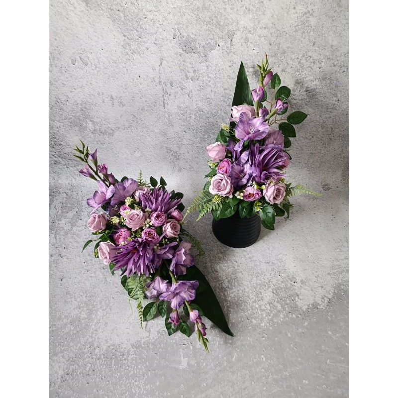 Komplet kompozycji nagrobnych – fioletowa dekoracja na płytę i do wazonu