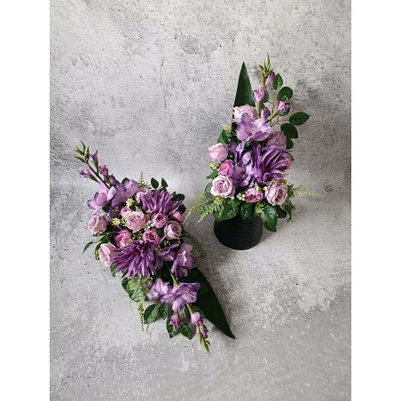 Komplet kompozycji nagrobnych – fioletowa dekoracja na płytę i do wazonu