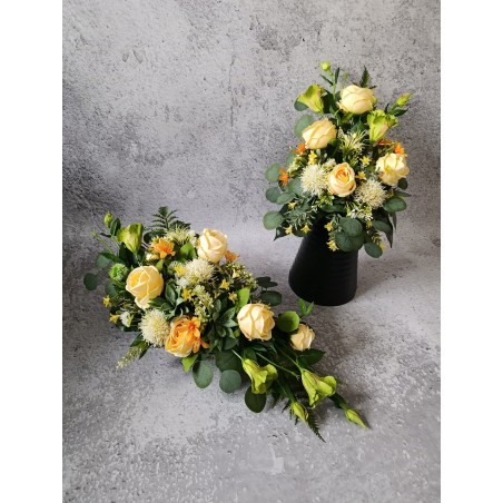 Komplet kompozycji nagrobnych pastelowy | Róże, eustoma, czosnek