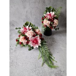 Duża kompozycja nagrobna w koszu wiklinowym + bukiet | magnolie, hortensje, róże