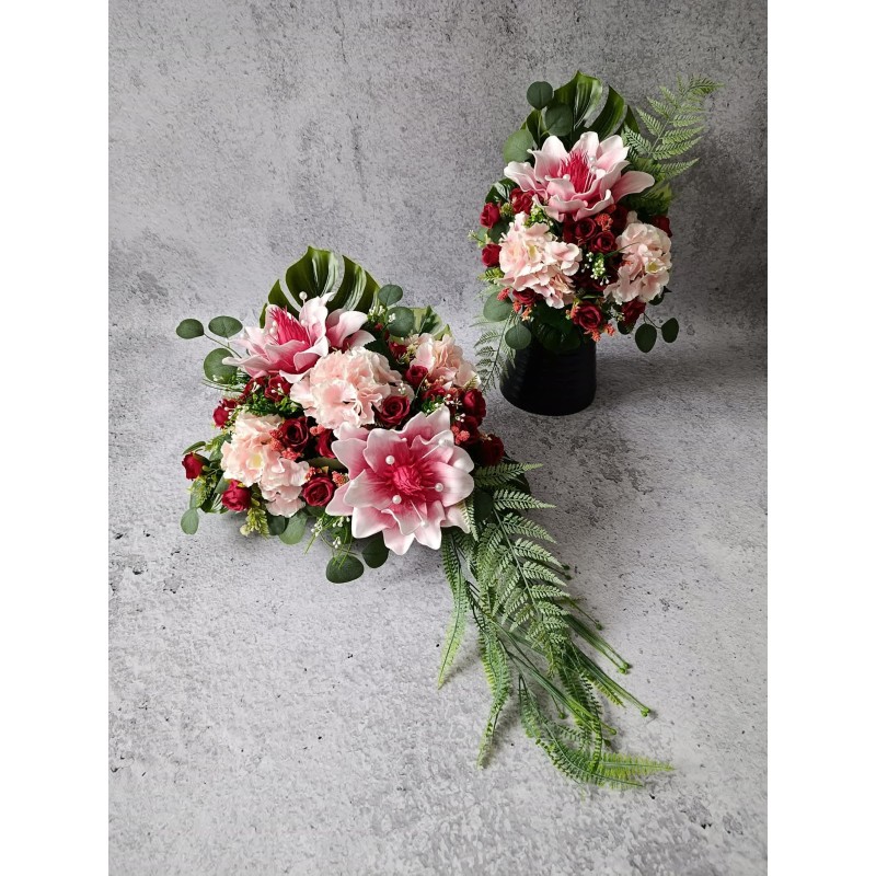 Duża kompozycja nagrobna w koszu wiklinowym + bukiet | magnolie, hortensje, róże